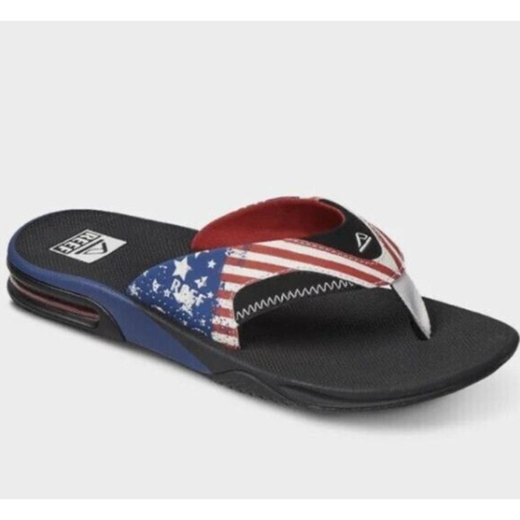 Reef Fanning Men Size 7 Flip Flops Stars Stripes Red‎ White Blue Bottle Opener - Picture 1 of 8